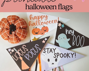 Puede incluir: Una colección de banderas imprimibles de Halloween con frases como "Happy Halloween" y "Stay Spooky!" junto con ilustraciones de calabazas y fantasmas. También se incluye una calabaza decorativa naranja.