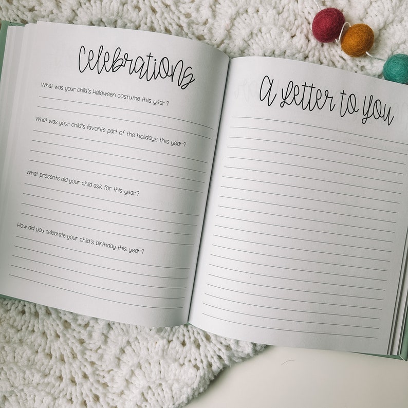 Two page spread with the left page titled as Celebrations with four prompts. The right page is lined and titled A Letter to You