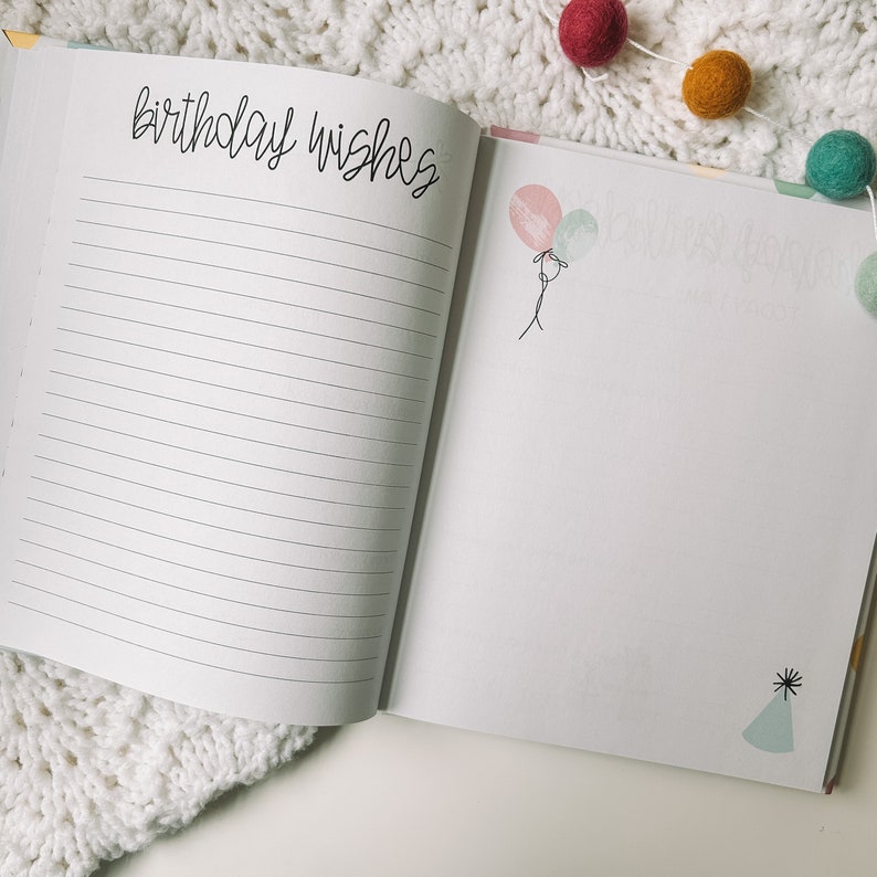 Two page spread featuring a lined page on the left titled Birthday Wishes and a blank page on the right for photos.