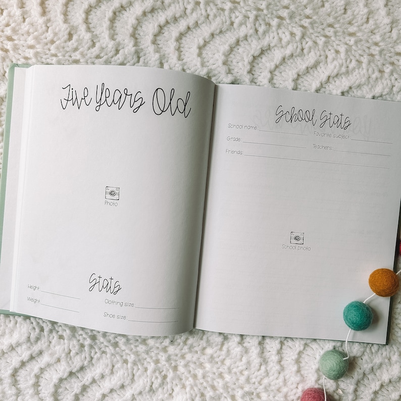 Two page spread features a page titled Five Years Old on the left with space for a photo and stats to fill in underneath. The page on the right is titled School Stats with 5 one line prompts and a place for a school photo.