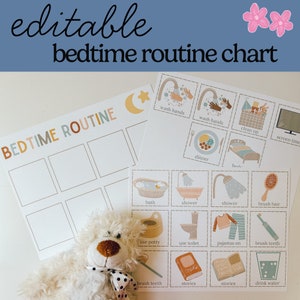 May include: A printable bedtime routine chart with a light blue background and colorful illustrations. The chart includes activities like washing hands, brushing teeth, and reading stories. The chart is editable and can be customized to fit a child's needs.