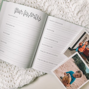 Two page spread titled Your Favorites with five prompts on the left and six on the right page.
