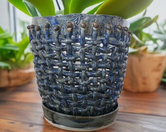 Large unique handmade orchid pot with holes - 7 inch blue pottery orchid pot with drainage and saucer - Orchid planter pot ceramic