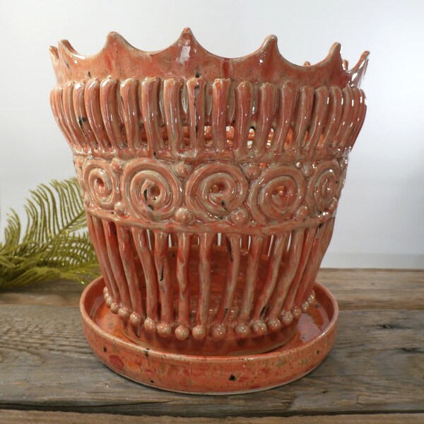 Large ceramic orchid pot with holes, sunset pink-orange - Unique coil orchid planter - Handmade pottery orchid pot