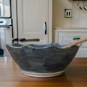Handmade Stoneware Serving Bowl: Blue Scalloped Pottery
