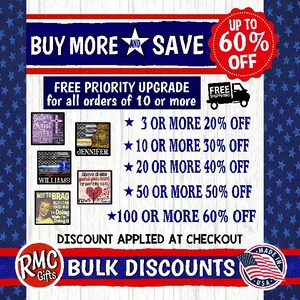 May include: Promotional graphic with patriotic theme. Text reads "Buy More and Save" with discounts up to 60% off. Includes "Free Priority Upgrade" for orders of 10 or more. Features various product examples and a "Made in USA" seal.