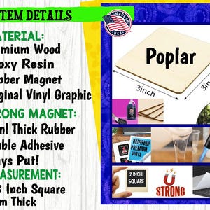 May include: A square wooden magnet labeled "Poplar", measuring 3x3 inches and 4mm thick. The image includes details about the materials: premium wood, epoxy resin, and a rubber magnet. The text also mentions a strong magnet.