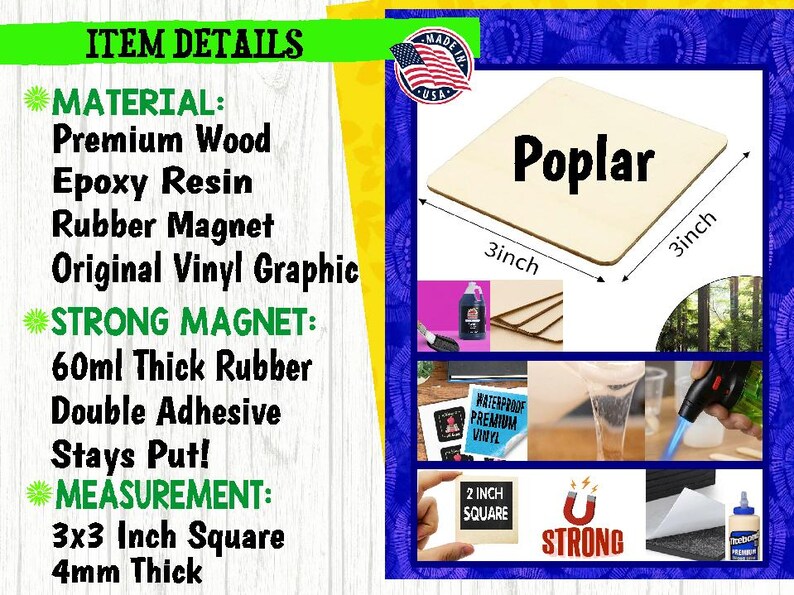 May include: A square wooden magnet labeled "Poplar", measuring 3x3 inches and 4mm thick. The image includes details about the materials: premium wood, epoxy resin, and a rubber magnet. The text also mentions a strong magnet.