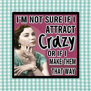 May include: A retro-style image with a woman in a green top and jewelry, framed in black, set against a teal and white checkered background. The text reads, "I'M NOT SURE IF I ATTRACT Crazy OR IF I MAKE THEM THAT WAY."