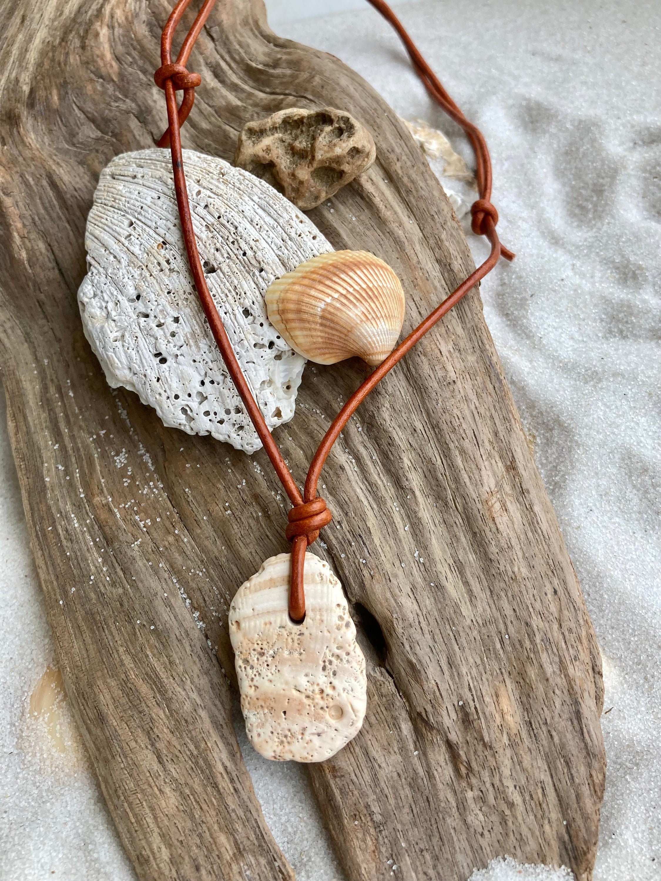 Shell piece pendant on adjustable leather cord/seashell Etsy