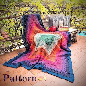 May include: A colorful crochet blanket with a square pattern in shades of purple, pink, orange, green, and blue. The blanket is draped over a wooden bench with books and a teapot on top.