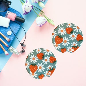 Set of 2 Car Coasters | Ceramic or Neoprene | Car Accessories | Daisies | flowers | Green | Spring | Strawberry
