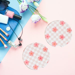 Set of 2 Car Coasters | Ceramic or Neoprene | Car Accessories | Pink flowers | Checkered Pattern | Spring | Retro |