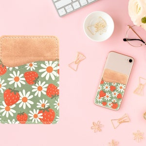 Tarjetero adhesivo para teléfono / Monedero para teléfono / Tarjetero adhesivo / Accesorio de otoño / Margaritas y fresas