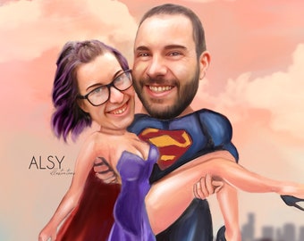 Couple Custom Superhero Portrait, Couple Superhero Caricature From Your Photo