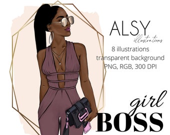 Fashion Black Girl Clipart, Fashion Girl Illustration, Boss Girl Clipart, African American Clipart