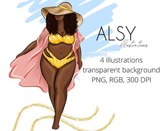 Fashion Black Girl Clipart, Curvy Girl Illustration, African American Clipart, Beach Girl