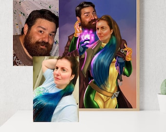 Couple Custom Superhero Portrait, Couple Superhero Caricature From Your Photo