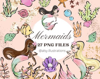 Mermaid Clipart, Cute Mermaids Planner Stickers, Underwater Clipart, Glitter Mermaid, Mermaid Summer Clipart, Beach illustration, Cute ocean