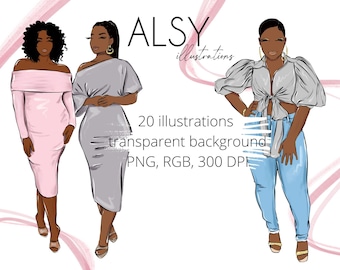 Fashion Black Girl ClipArt, Curvy Girl ClipArt, Afro Clipart, Black Woman Clipart, Digital Stickers