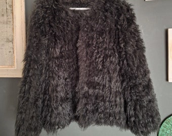 Dear Dharma Black Shearling Knitted jacket coat / size S/M / Shaggy Knitted Fur Crop Coat / Black Lambswool Coat