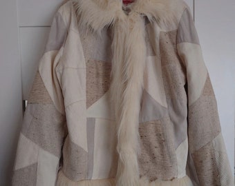 Cream Beige Afghan Coat / White Beige Patchwork Penny Lane coat / size S/M