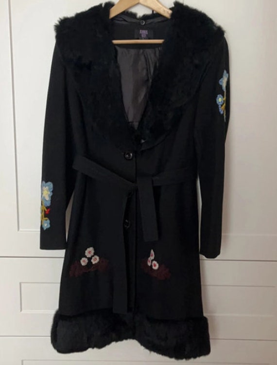 Anna Sui Embroidered Coat / Black Fur Collar Trim… - image 1