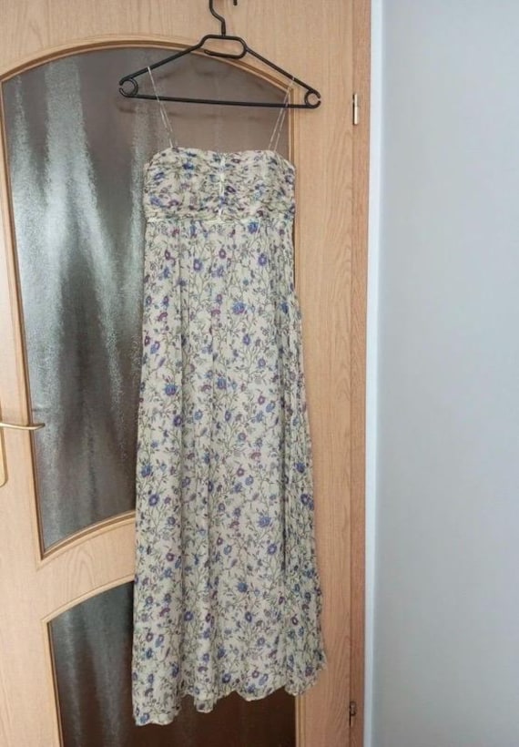 Vintage Zara Real Silk Maxi Dress Miniature Blue Flower Spaghetti Strap Full Length Dress Prom Evening Wedding XS