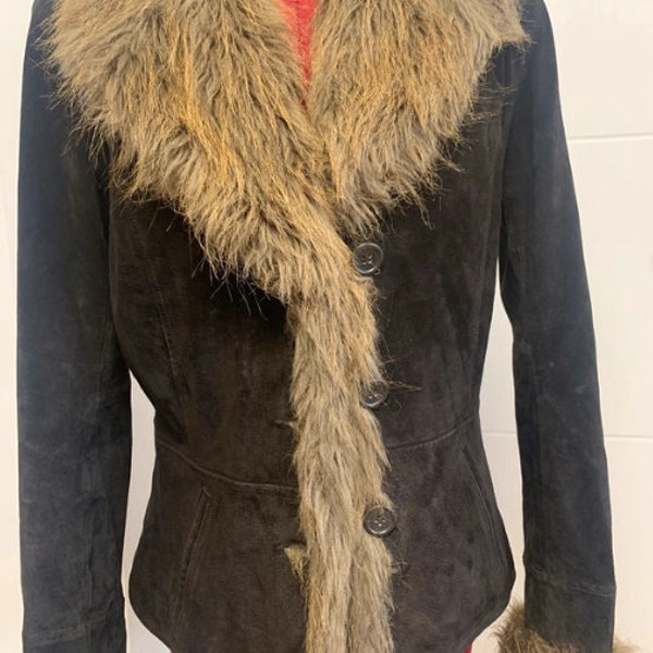 manteau de veste matelassé en daim marron vintage et fourrure hirsute Etam / taille M / manteau de veste afghan / veste Penny Lane en cuir marron / manteau de fourrure hirsute