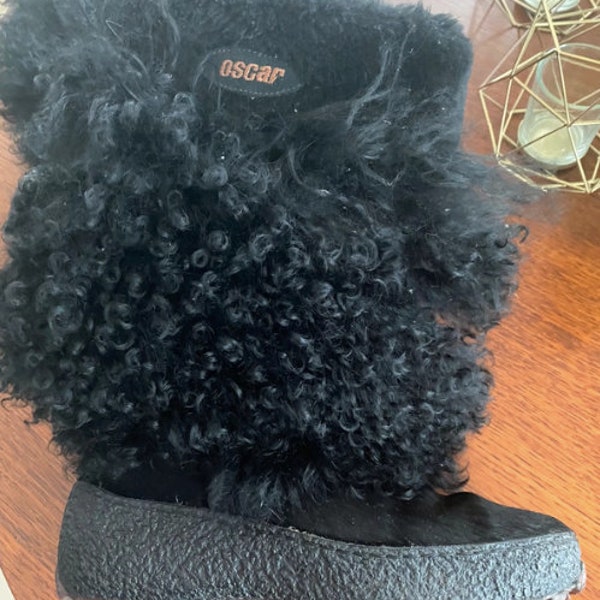 Oscar Black curly long hair lama fur goat hair and wool lining winter boots / size 38EU / Very warm snow boots / Real fur Moon boots