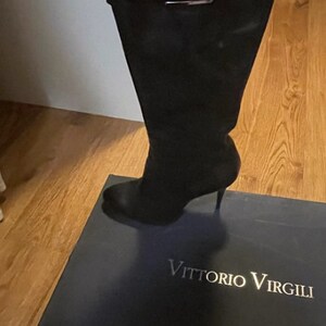 Italian black leather long boots stiletto boots / black leather stiletto long boots / long leather shoes / size 38.5 EU image 1