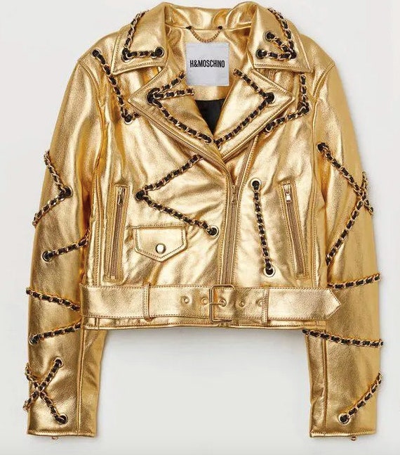 Genuine Leather Moschino HM Gold Colour and Chain Jacket Size XS Gold Leather Chained Bondage Leather Puffer Jacket Biker Etsy Canada