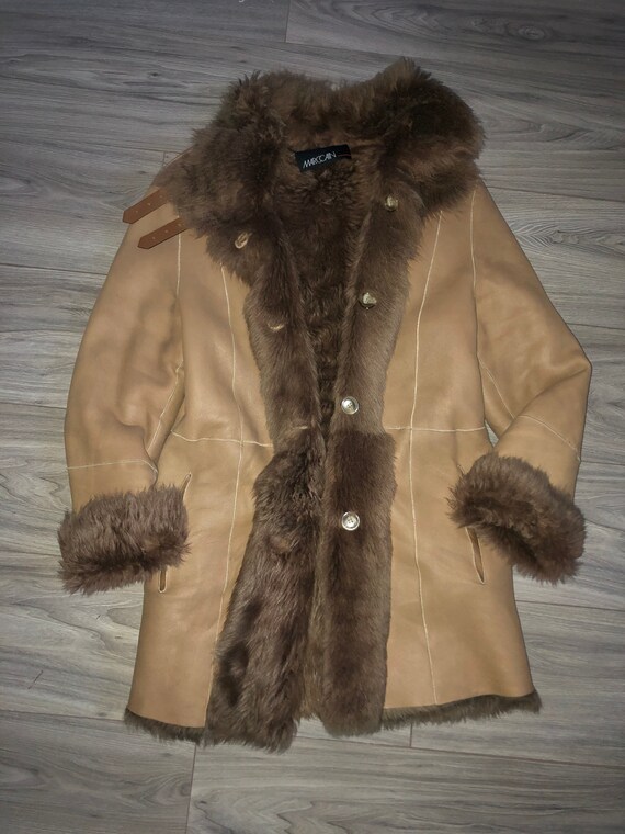 Marc Cain Tan Leather Brown Lama Shearling Coat Tan Afghan Coat