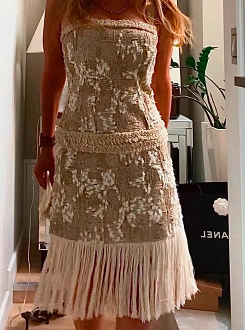 Vintage Chanel cream dress with tassel hem / size 36 fits XS/S / Chanel Collectors dress