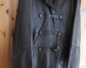 Blacky Dress Dark Brown Leather and Fur Coat / size XL / Deep Brown Sheepskin coat / Berlin Artist Leather Coat /Military Style Leather Coat