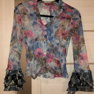 Colourful mesh top shirt blouse / flare sleeve rainbow pink lace crop blouse / size XS/S / vtg 90s bell sleeve top