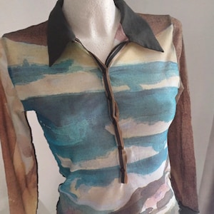 Y2K 00s sheer mesh shirt top Cop Copine size S/M Rare Penquin abstact mesh tee