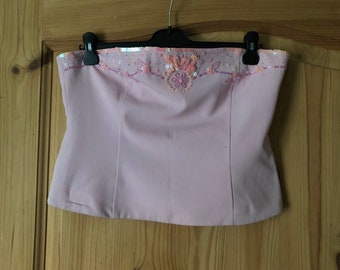 90s vintage pink corset top / Y2K crop top / baby pink shiny detail bustier / size L/XL