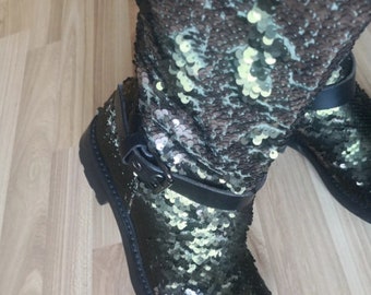 Italian leather and sequinned chunky boots Startegia / size 38 EU / glitter biker boots / shimmer cowboy shoes / Italian leather extravagant