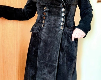 Vintage black embellished long leather coat / black suede long jacket / 90s suede coat / black suede leather coat / size M Archive