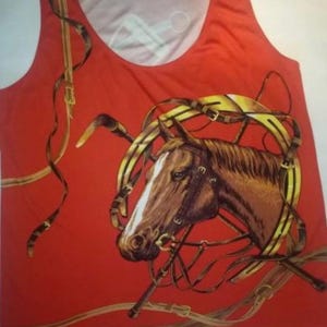 Ralph Lauren Blue Lable Equestrian Bridle Pattern Horse Head Silk Women's Top Tank, Size M Orange Red Brown Beige Colors