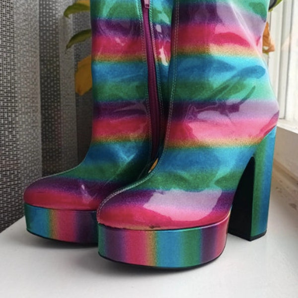 Vintage rainbow shiny disco platforms ankle boots / size 36EU/ Rainbow retro statement chunky platform shoes/ party festival parade cosplay