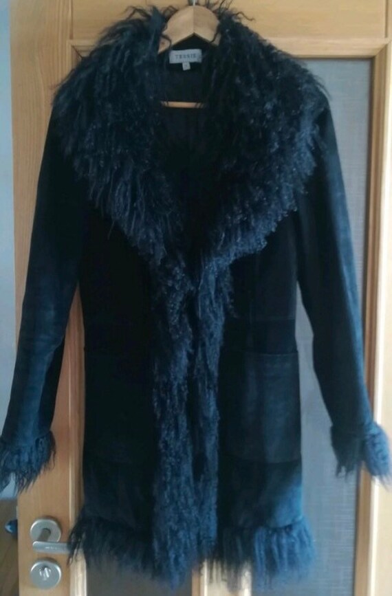 Black Afghan coat / vintage suede and lama fur coa