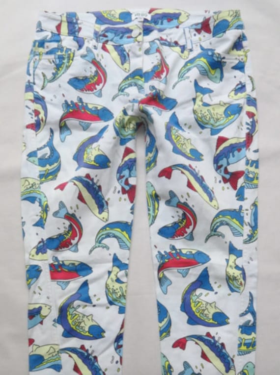 Kenzo Fish Print White Jeans / Fish Jeans White and Blue Print / Pants by Kenzo with Blue Fish Print / Size M 38