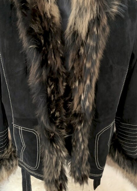 Vintage French Rene Derhy Black Leather Coat With Racoon Collar
