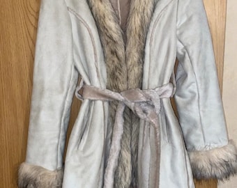 Y2K white cream Afghan style coat / fur trim robe coat / white Penny Lane coat / cream coat / size S/M / cream fur suede coat