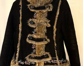 Desigual Embroidered Afghan Jacket Coat / Size 38 S/M / vegan fur Afghan Penny Lane