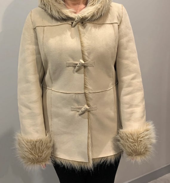 Vintage Cream Beige Vegan Fur Trim Coat / Dorothy Perkins Size M/L