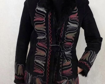 Black leather Afghan style jacket / vintage Naf Naf embroidered leather winter coat / size M / Penny Lane black leather jacket coat