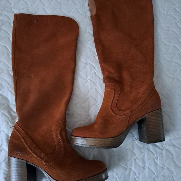Mustang Platform Boots / size 38EU / Cinnamon Brown Suede Chunky Platform Slouch Boots